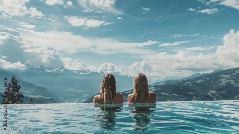 Women enjoying the panoramic view from the pool AI generated