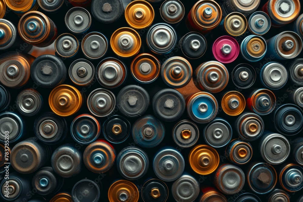 Metallic Top view of alkaline batteries storage. Rechargeable energy batteries multiple stock. Generate ai Metallic Top view of alkaline batteries storage. Rechargeable energy batteries multiple stock. Generate ai