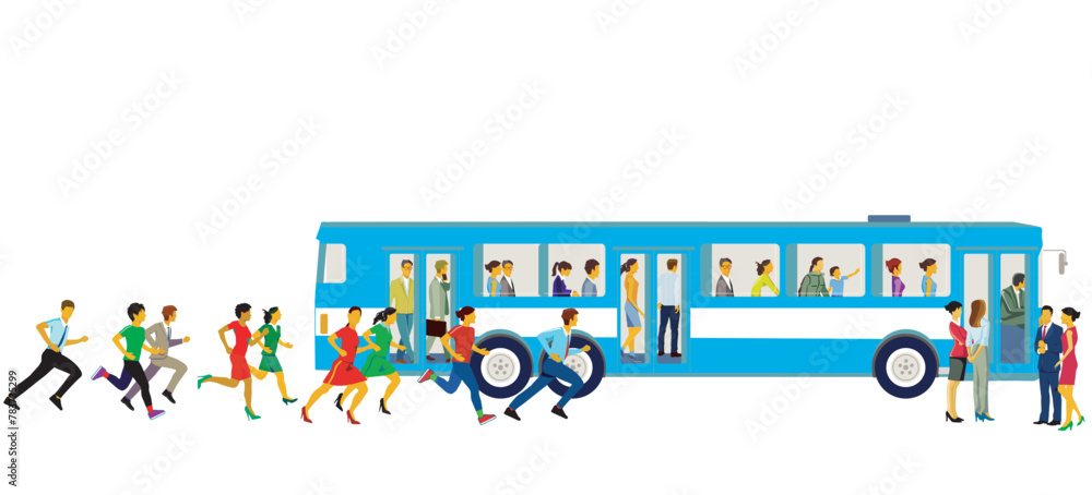 Fototapeta premium Stadtbus mit Haltestelle und eiligen Fahrgästen illustration