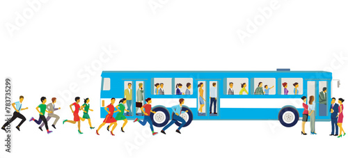 Stadtbus mit Haltestelle und eiligen Fahrgästen  illustration