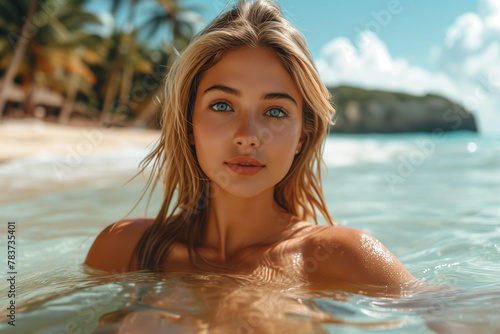 Beautiful sexy woman in bikini swims in the sea on the tropical beach, tanned girl in a swimsuit enjoys a vacation at the sea