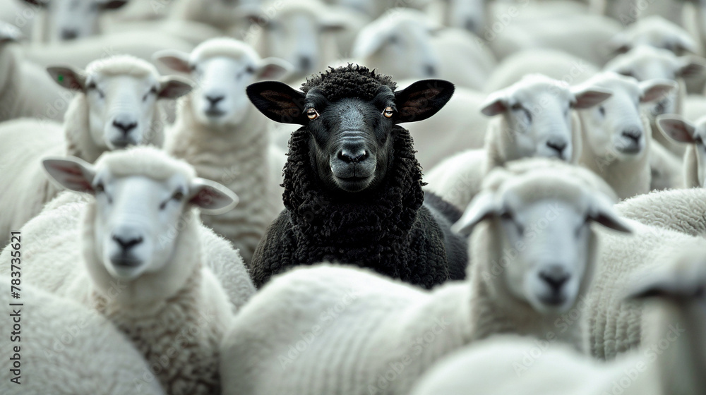 A black sheep stands out in the middle of an crowd with white sheeps. The concept shows individuality and different thinking
