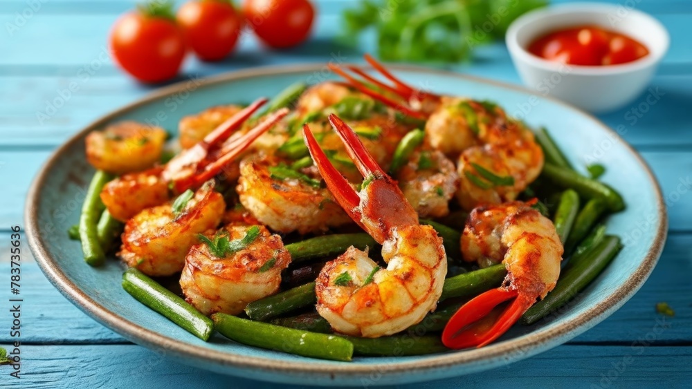 Delicious shrimp and green beans ready to be savored Delicious shrimp and green beans ready to be savored