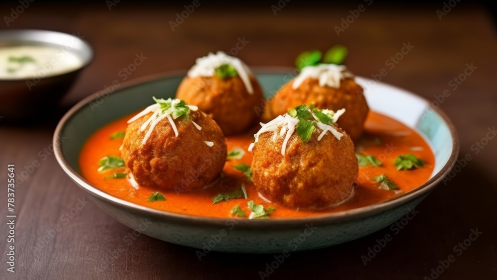 Deliciously spiced meatballs in a rich tomato sauce ready to be savored Deliciously spiced meatballs in a rich tomato sauce ready to be savored