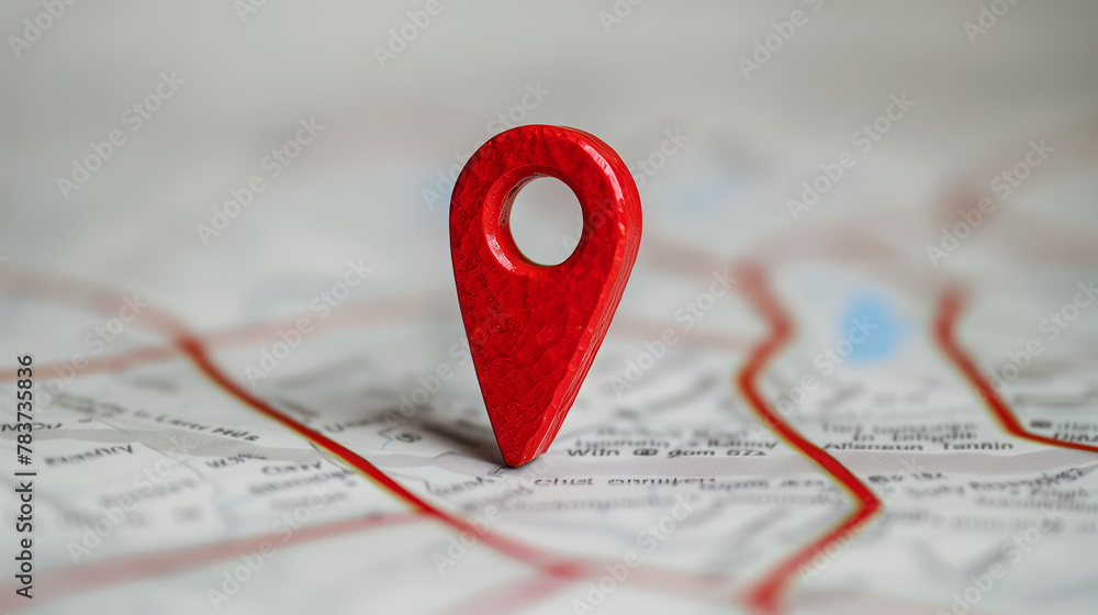 A close-up of a red map location pin on printed destination routes A close-up of a red map location pin on printed destination routes