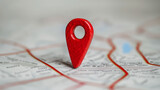 A close-up of a red map location pin on printed destination routes