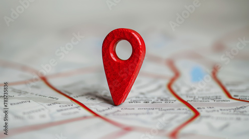 A close-up of a red map location pin on printed destination routes