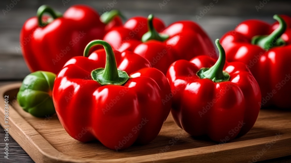 Fresh red bell peppers on a wooden board Fresh red bell peppers on a wooden board