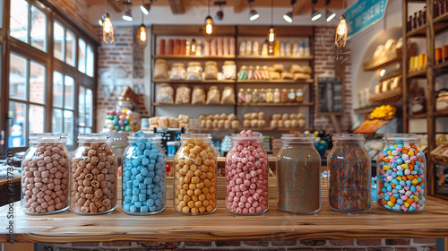 Colorful candy jars on a wooden shelf in a cozy vintage candy shop with blurred background of shelves filled with various sweets and treats.