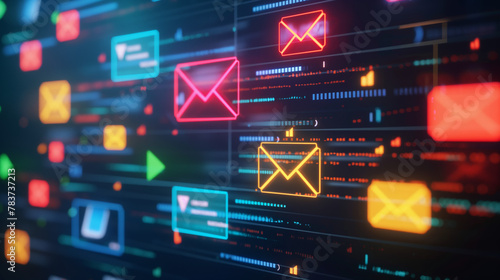 Representing online communication  the image shows glowing email icons among digital lines