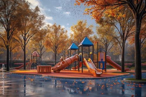 Play house in the garden playground in the park Children's outdoor play. modern playgrounds in the park near the house for families with children to walk, face time, entertainment for children