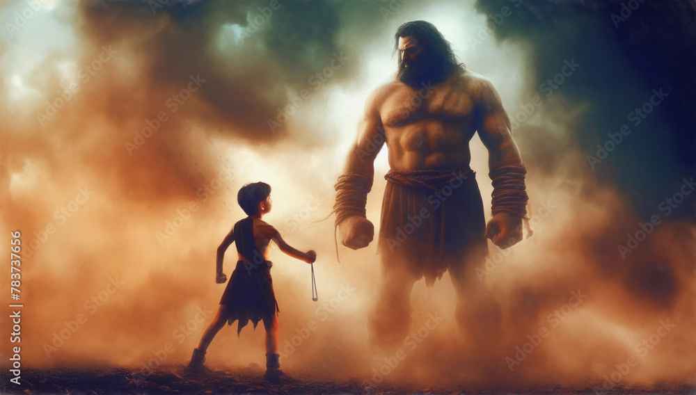 Fresco Illustration of David and Goliath. Bible story of young Shepherd boy defeating a giant Warrior with a small stone and slingshot. Good versus evil concept. Children book style illustration. - obrazy, fototapety, plakaty 