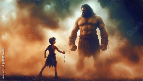 Fresco Illustration of David and Goliath. Bible story of young Shepherd boy defeating a giant Warrior with a small stone and slingshot. Good versus evil concept. Children book style illustration.