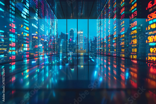 Financial analytical data background consisting of exchange rates and currencies against the backdrop of modern buildings in the business district photo