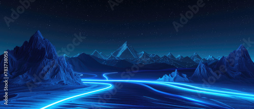 Minimalist futuristic art simple curve blue light lines Mountain with city skyline meta Universe Straight blue glowing road in the center on dark background