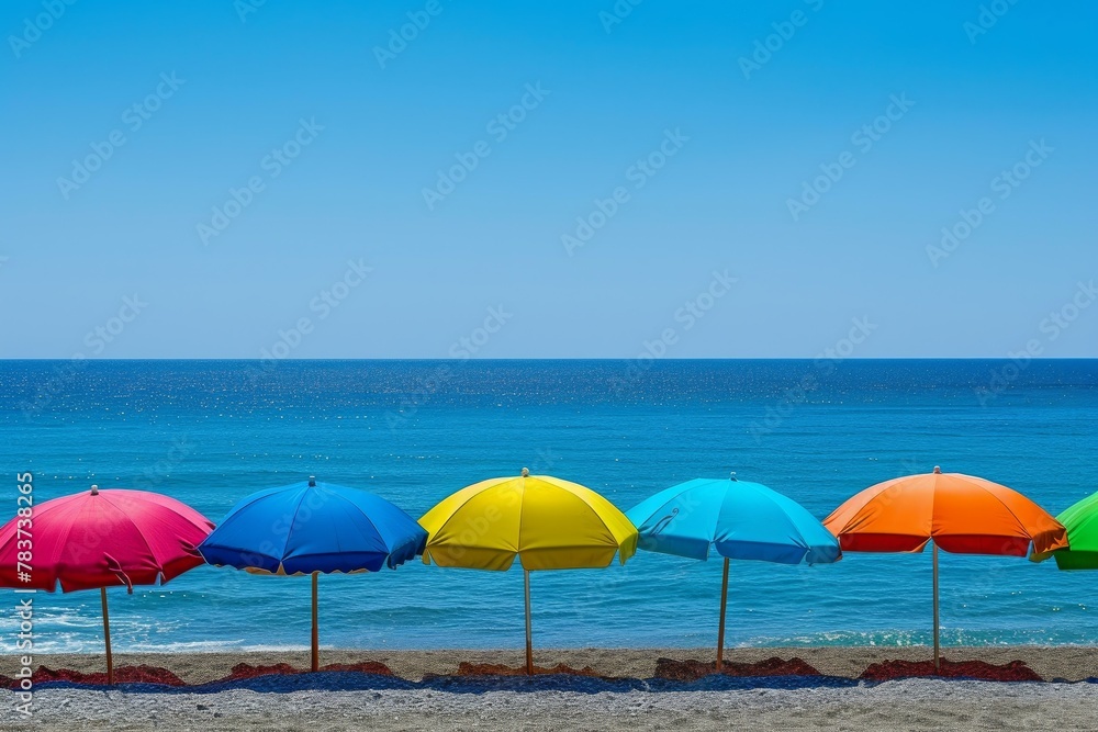 Protective Beach colorful umbrella summer. Sea sand. Generate Ai