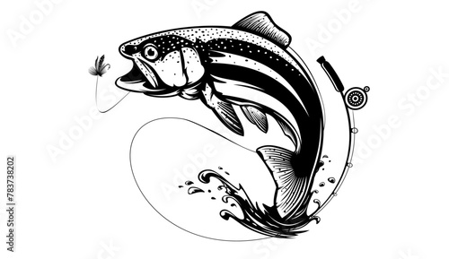 Rainbow trout jumping out water.Salmon isolated on white background. Concept art for horoscope, tattoo or colouring book.