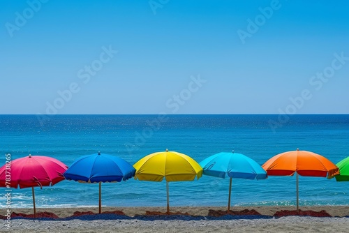 Protective Beach colorful umbrella summer. Sea sand. Generate Ai