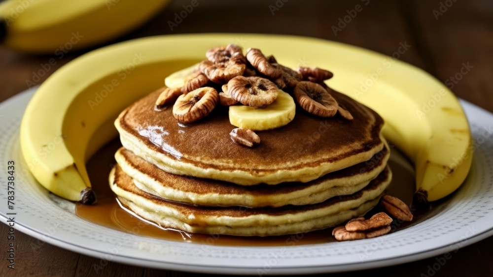 Deliciously stacked pancakes with bananas and walnuts ready to be savored Deliciously stacked pancakes with bananas and walnuts ready to be savored