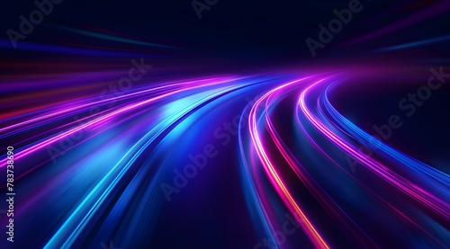 Purple and blue future technology background with lines bending through a dark space. High speed sync.