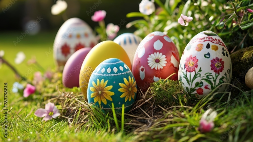  Colorful Easter eggs nestled in a garden of flowers