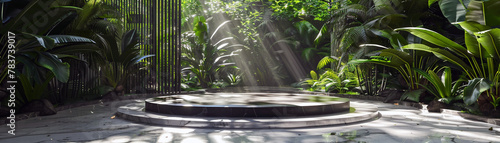 Round marble stage, jungle backdrop, serene oasis, dappled light , clean sharp focus © ontsunan