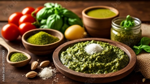  Freshly prepared pesto on a rustic wooden table