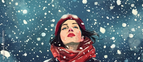 Woman wearing a vibrant red hat and scarf standing in a snowy landscape © AkuAku