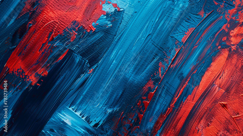Blue and red paint strokes blending together on a textured surface.