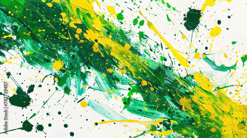 Green and yellow paint splatters creating a dynamic backdrop.