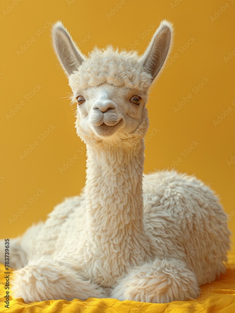 Fototapeta premium Playful 3D alpaca, cartoon design, lying down on a soft pastel yellow background, vibrant accents