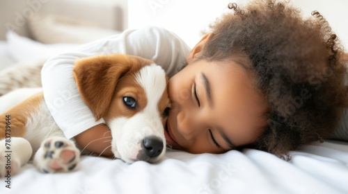 A little girl tenderly hugs her puppy and lies on the bed in a bright bedroom in the morning. Friendship concept between child and pet, copy space for text