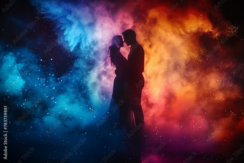 Pair of lovers dancing against colorful powder background, silhouette of lovers