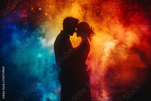 Pair of lovers dancing against colorful powder background, silhouette of lovers