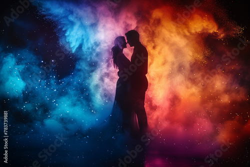 Pair of lovers dancing against colorful powder background, silhouette of lovers