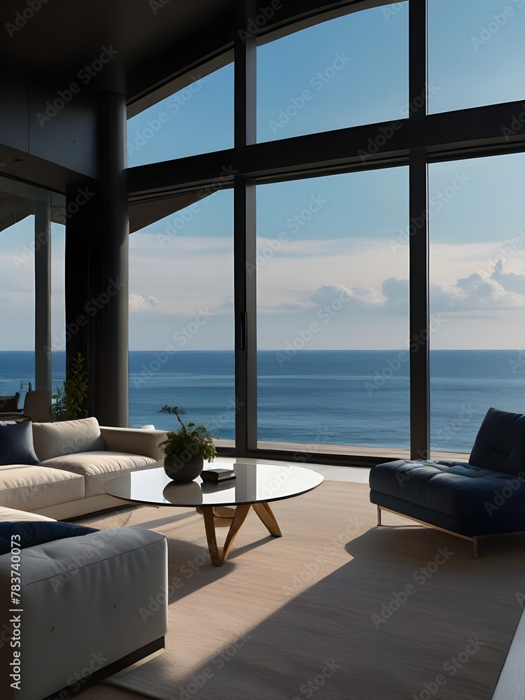 luxurious living room, large window with a beautiful view of the sea, generative ai