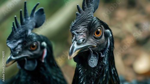 Black free-range farm chickens ayam cemani in nature against a backdrop of bright greenery in tropical countries 