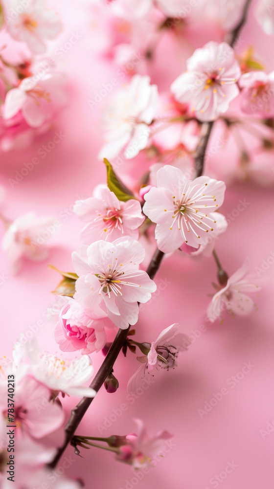 top view of blooming Cherry blossom Sakura flowers on soft pastel pink background table top view of blooming Cherry blossom Sakura flowers on soft pastel pink background table