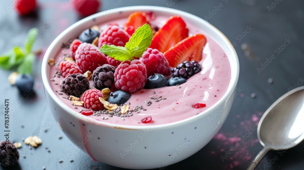 Bright and nutrient-rich smoothie bowl with berries and nuts on top, healthy eating, vegetarianism and diet concept
Bright and nutrient-rich smoothie bowl with berries and nuts on top, healthy eating, vegetarianism and diet concept