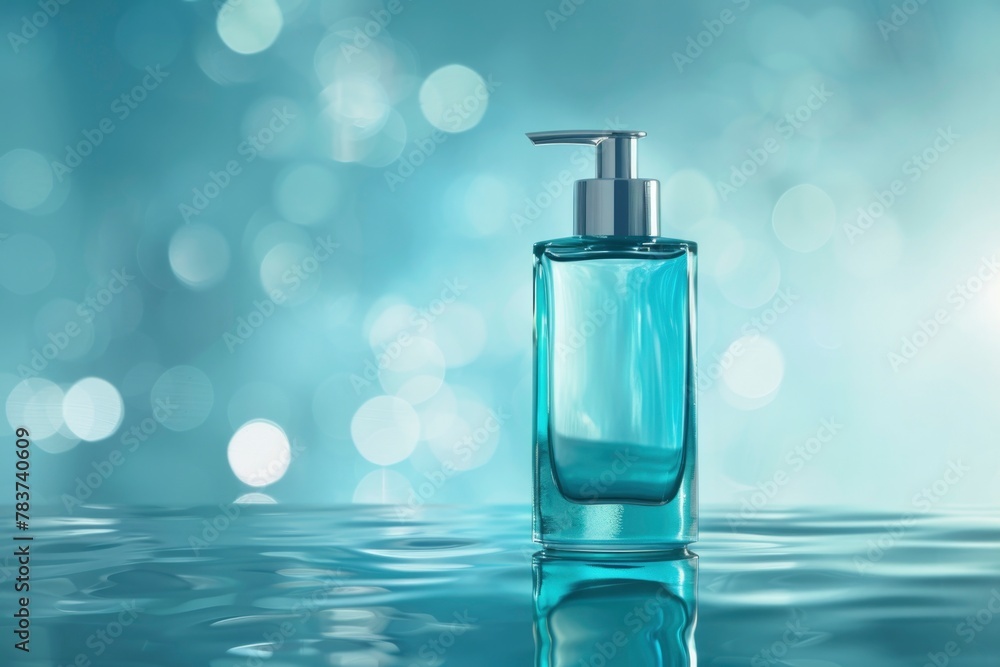 Elegant Blue Glass Dispenser Bottle on Reflective Water Surface with Bokeh Background Elegant Blue Glass Dispenser Bottle on Reflective Water Surface with Bokeh Background
