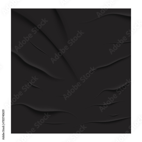Black paper glued, crumpled or wet with wrinkles, blank sheet grunge sticker isolated on background. Advertising poster