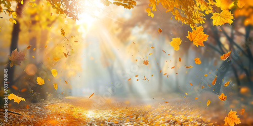 Autumn beech leaves decorate a beautiful nature bokeh background with forest  Autumn scene Bright colorful landscape yellow trees in autumn park Fall nature Autumn Tree and Sun during Sunset photo