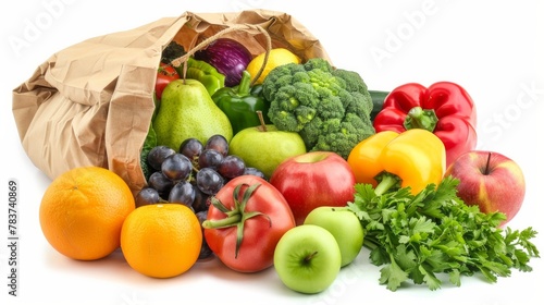 Delicious  fresh fruits and vegetables are coming out of paper bag isolated on white background.