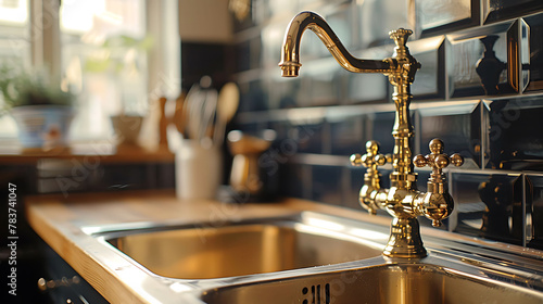 Close-up of a brass faucet in a vintage-style kitchen, modern interior design, scandinavian style hyperrealistic photography