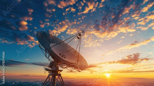 Worldwide Communication, Satellite and other antenna network against beautiful sky at sunset AI generated