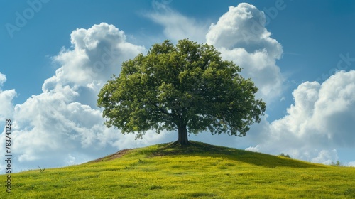 A huge ancient old oak tree on top of a hill in the form of a green meadow.