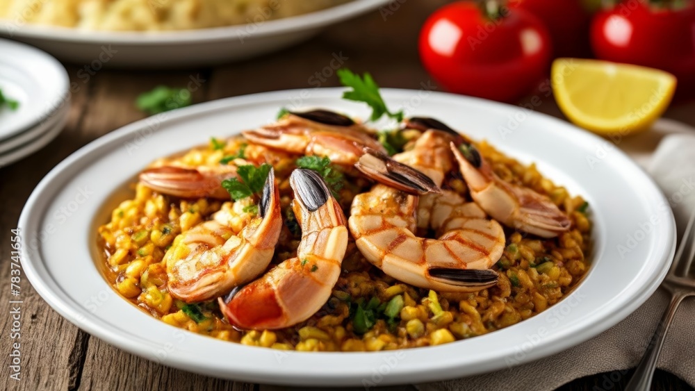 Delicious seafood paella ready to be savored Delicious seafood paella ready to be savored