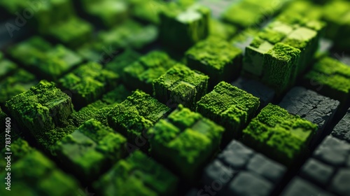 Abstract background or screensaver made of soil and moss cubes.