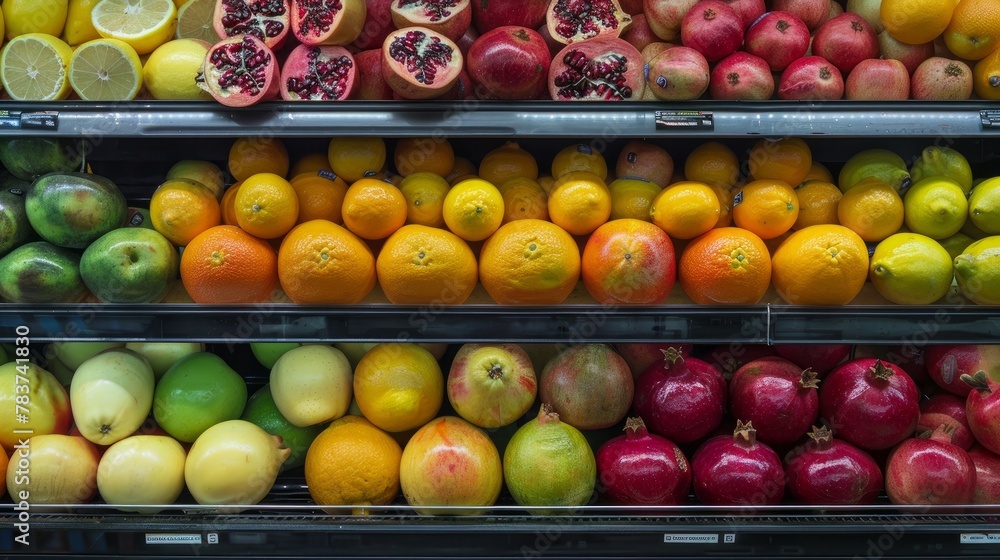 Fresh fruits, such as apples, oranges, pomegranates, and lemons, are neatly stacked on shelves at the grocery store.