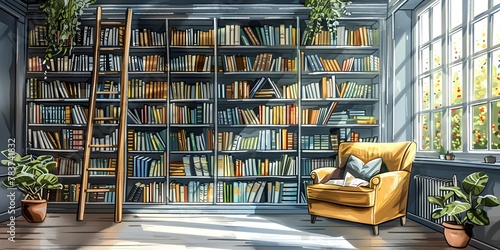 Cozy and Elegant Home Library with Floor to Ceiling Bookshelves and Inviting Reading Nook